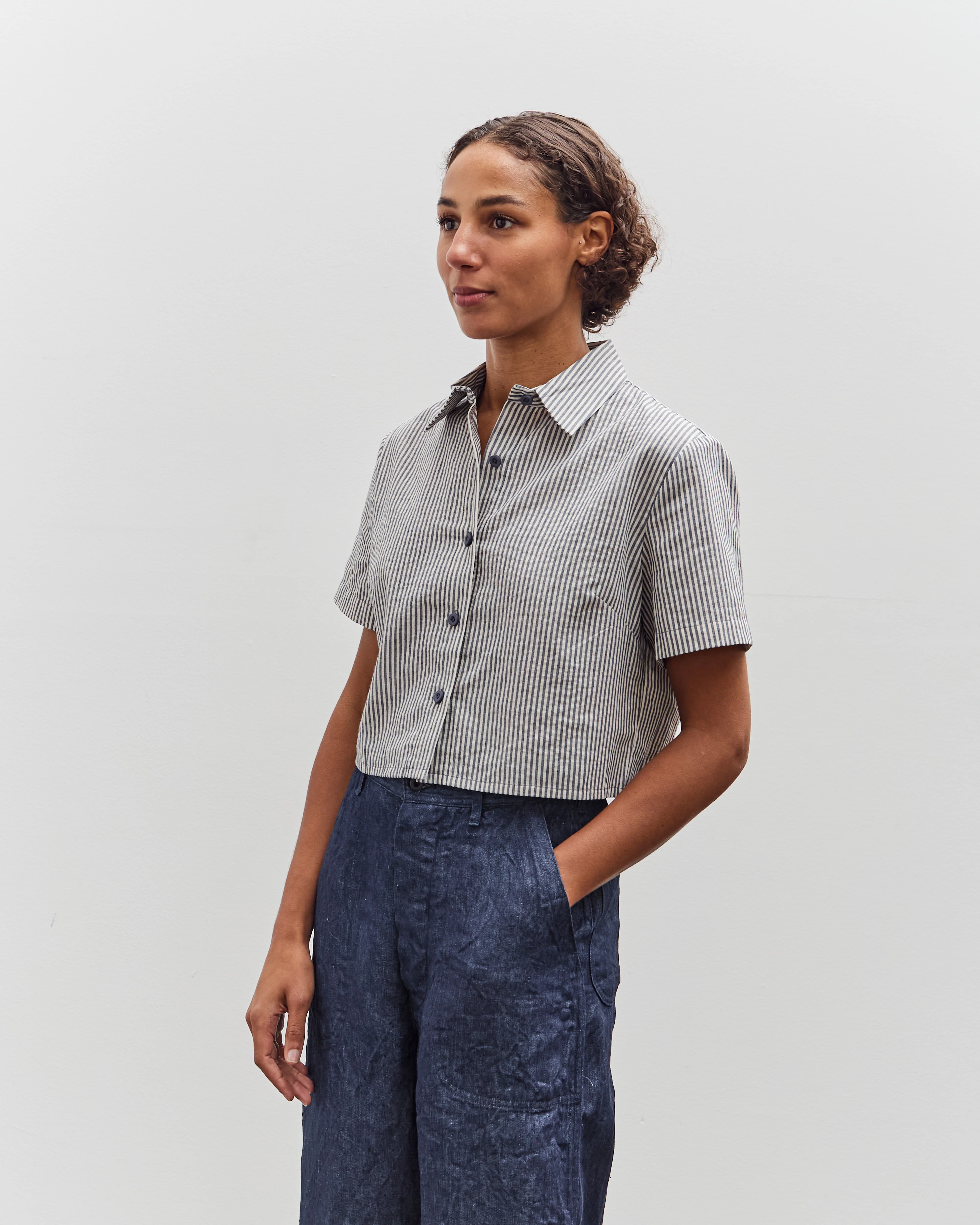 7115 by Szeki Striped Cropped Shirt, Navy Stripes - Image 4