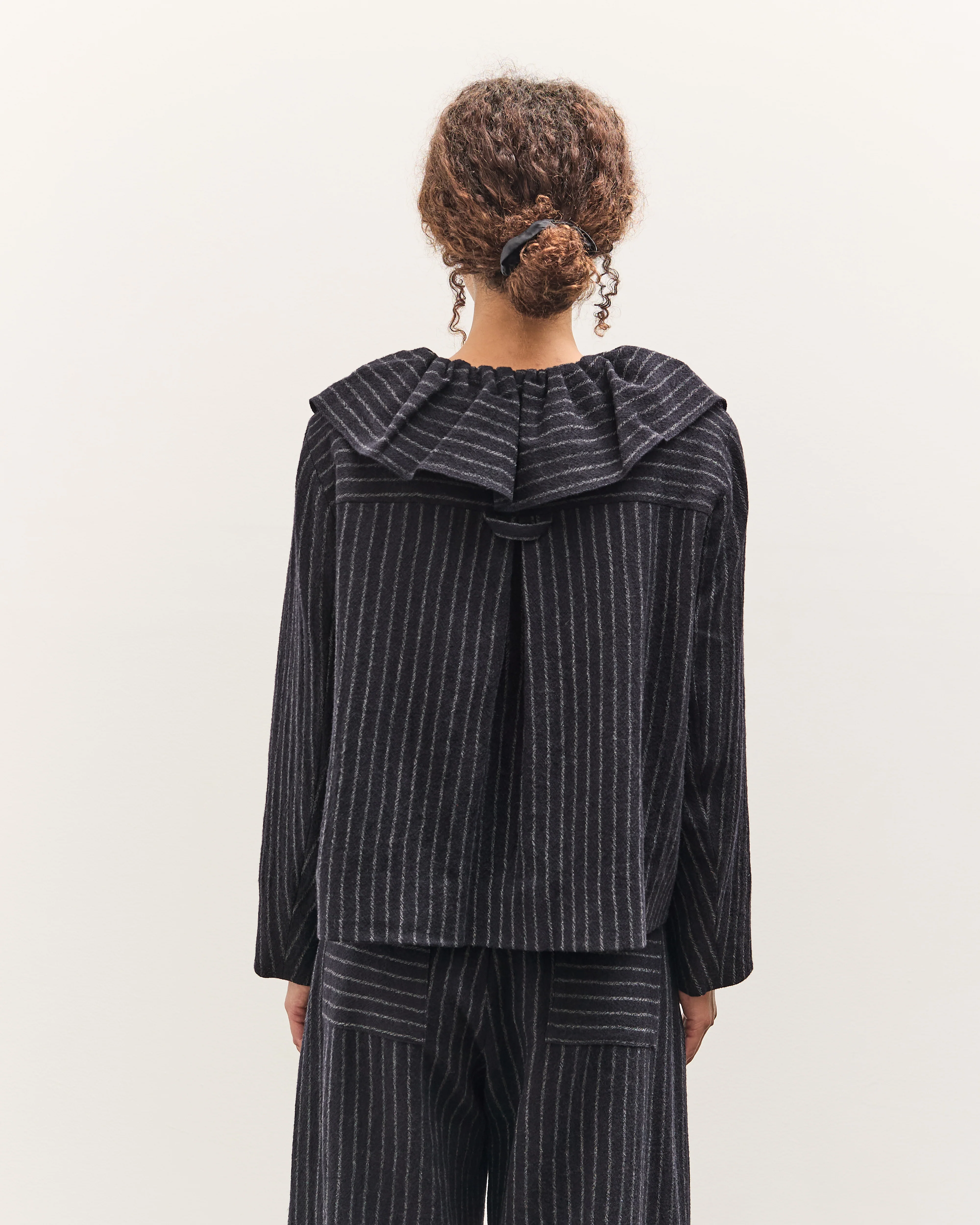 Cawley Japanese Striped Boucle Ruffle Lille Jacket, Navy / Grey - Image 6