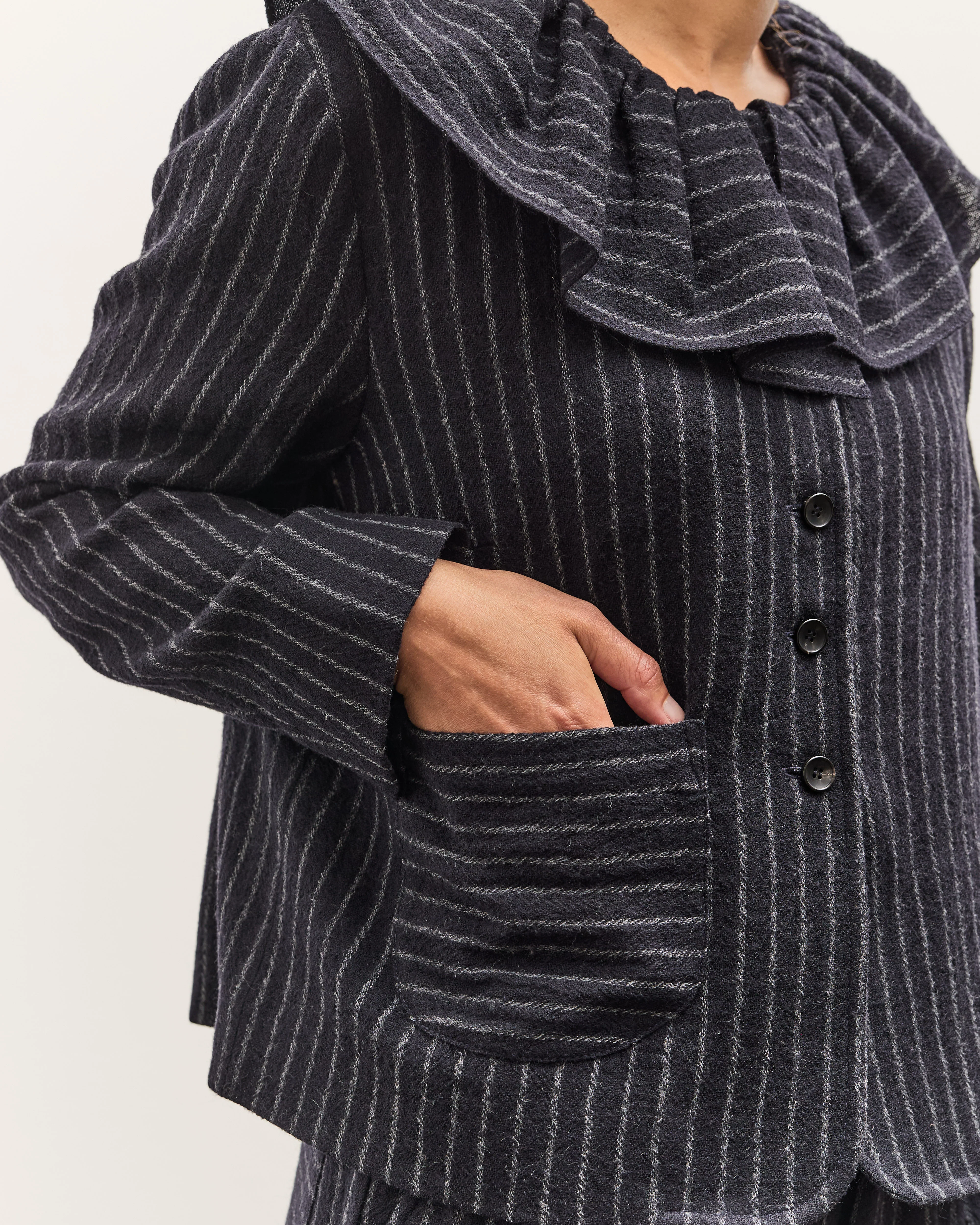 Cawley Japanese Striped Boucle Ruffle Lille Jacket, Navy / Grey - Image 7
