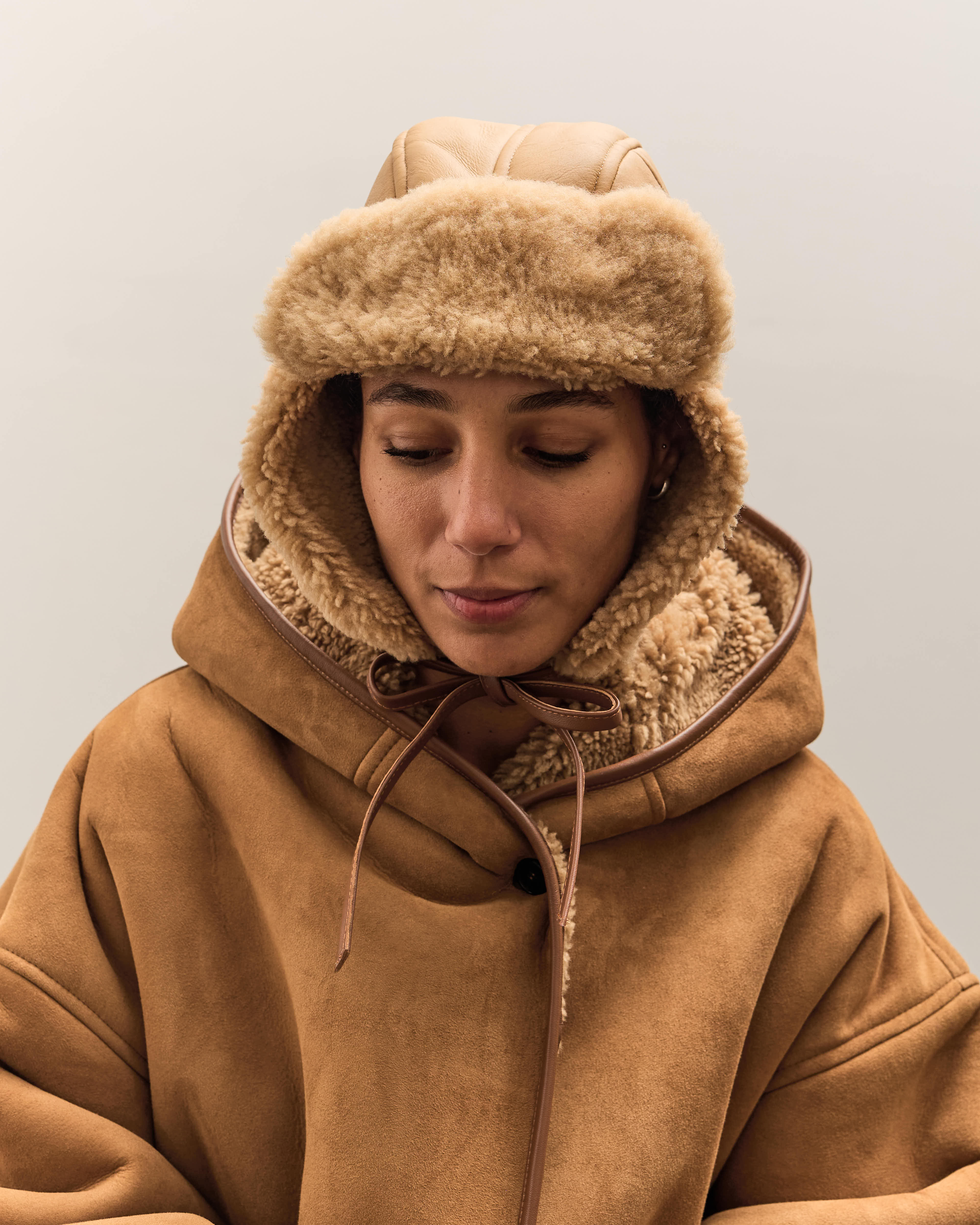 Cawley Leather Back Curly Hair Sheepskin Trapper Hat, Tan - Image 7