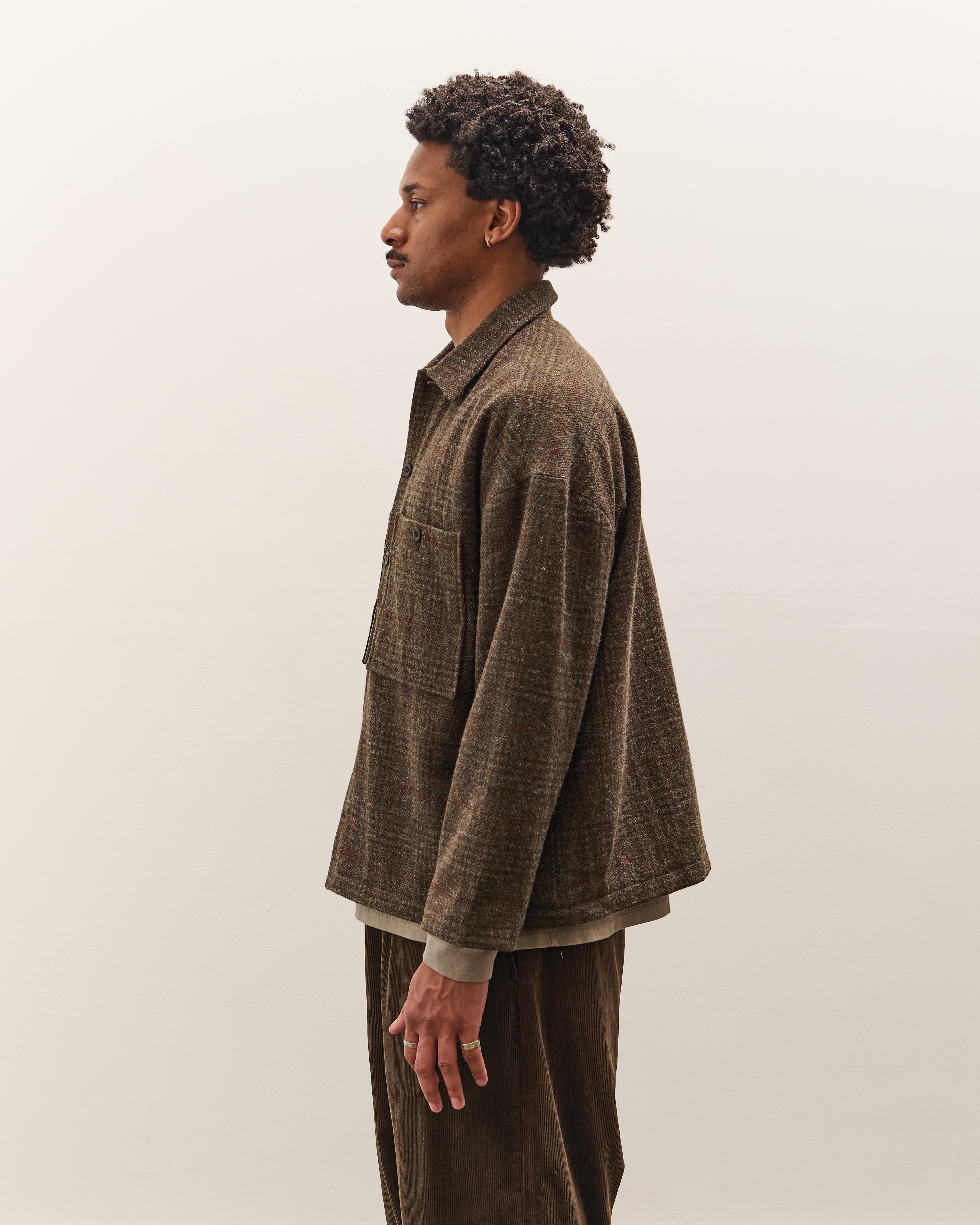Evan Kinori Field Shirt Two, Dark Olive Herringbone - Image 4