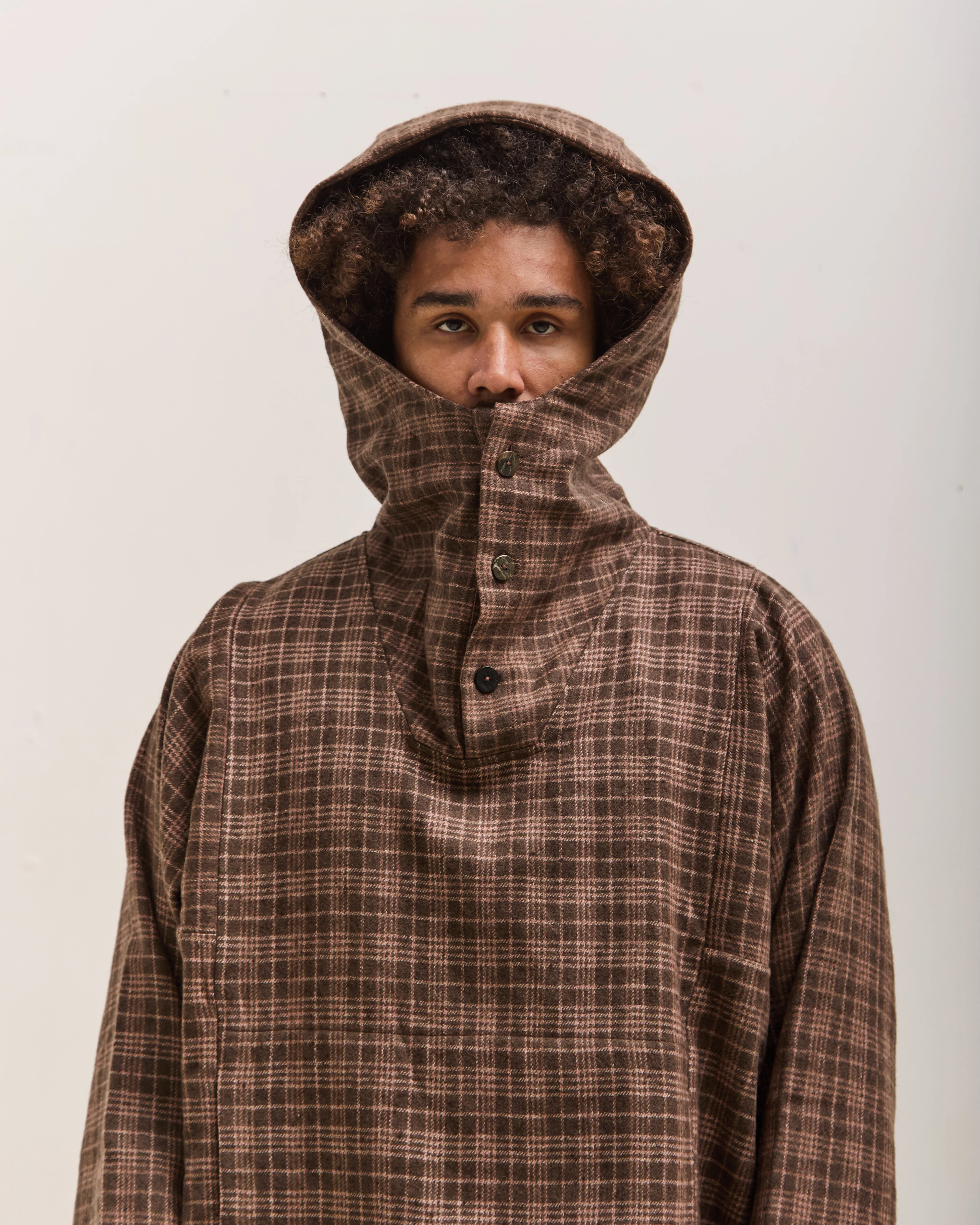 Gathering Fisherman Hoodie Unisex, Brown with Red Checks - Image 2