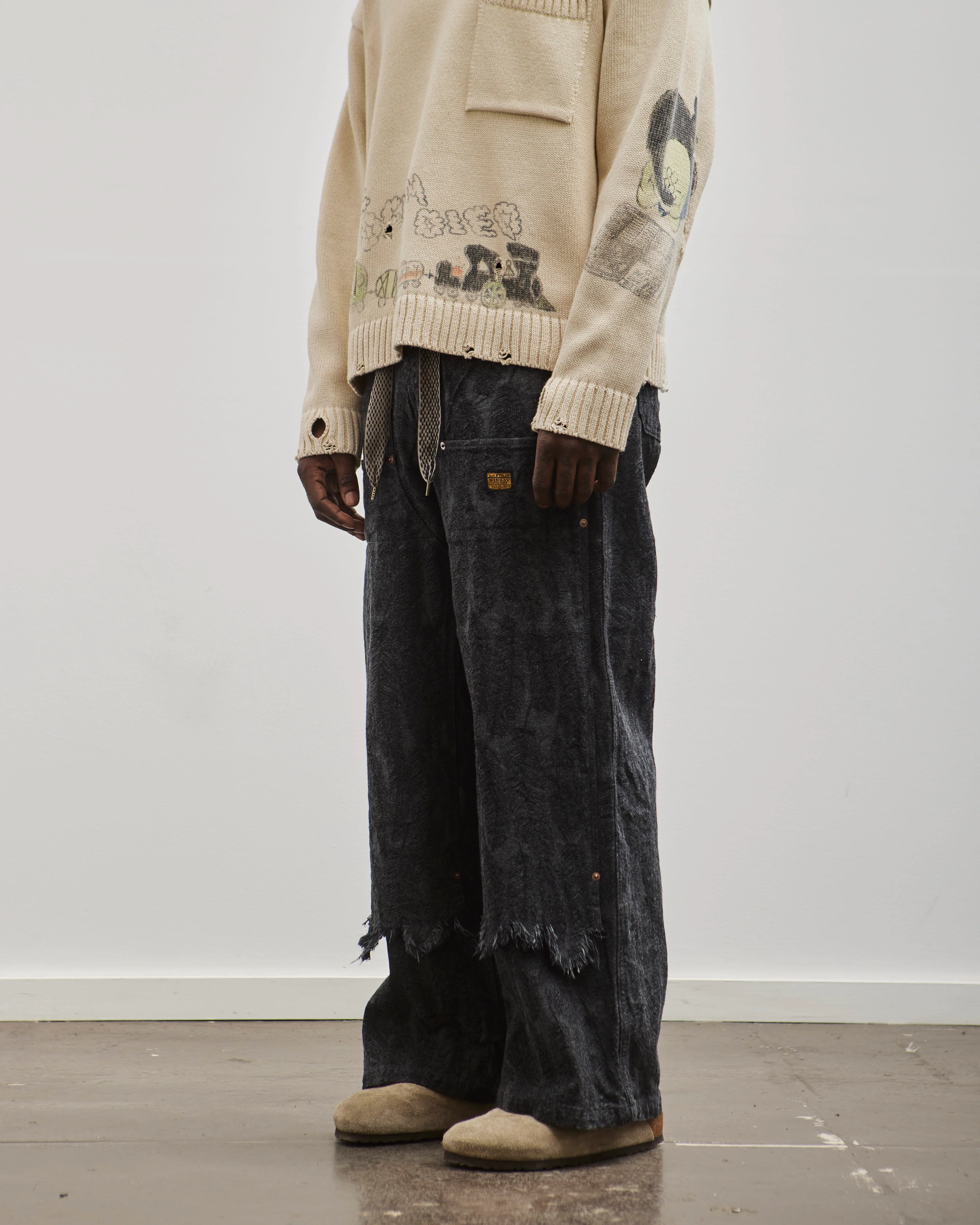 Kapital Unisex 12oz MAGPIE Denim W-Knee Easy Baggy Pants, BLKxBLK - Image 4