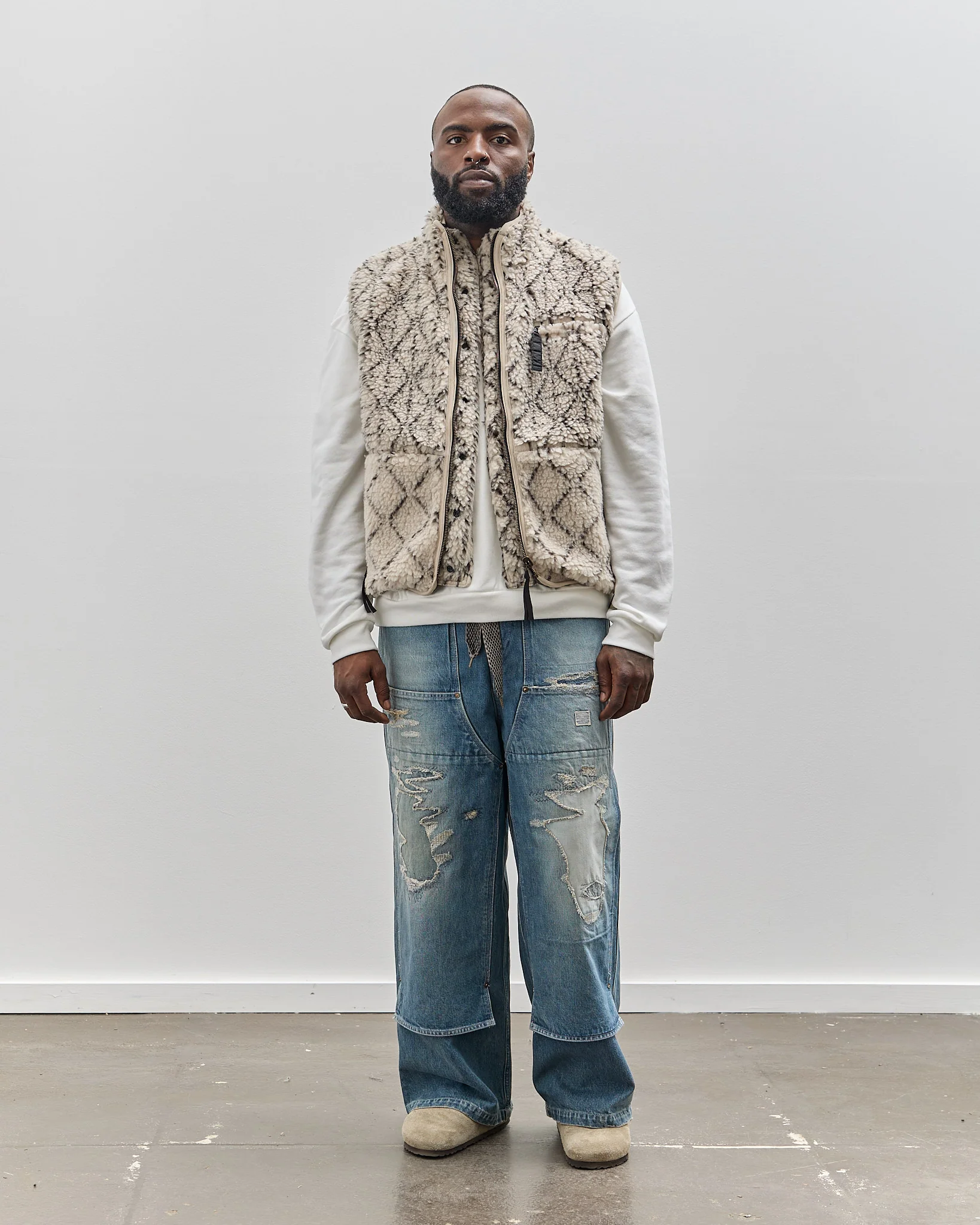 Kapital Do-Gi Sashiko Boa Fleece Reversible Vest, Ecru - Image 3
