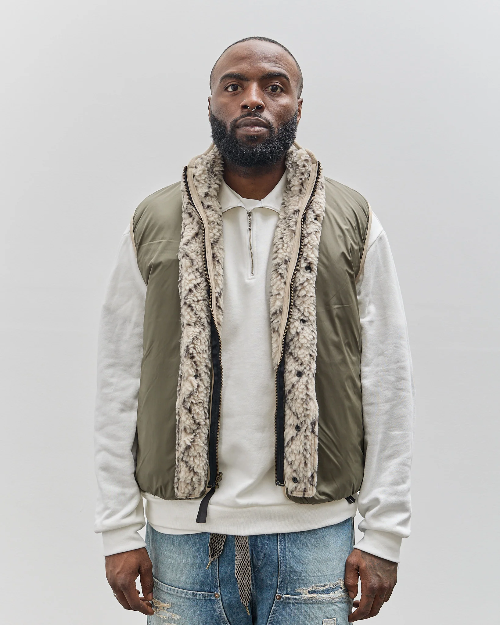 Kapital Do-Gi Sashiko Boa Fleece Reversible Vest, Ecru - Image 7