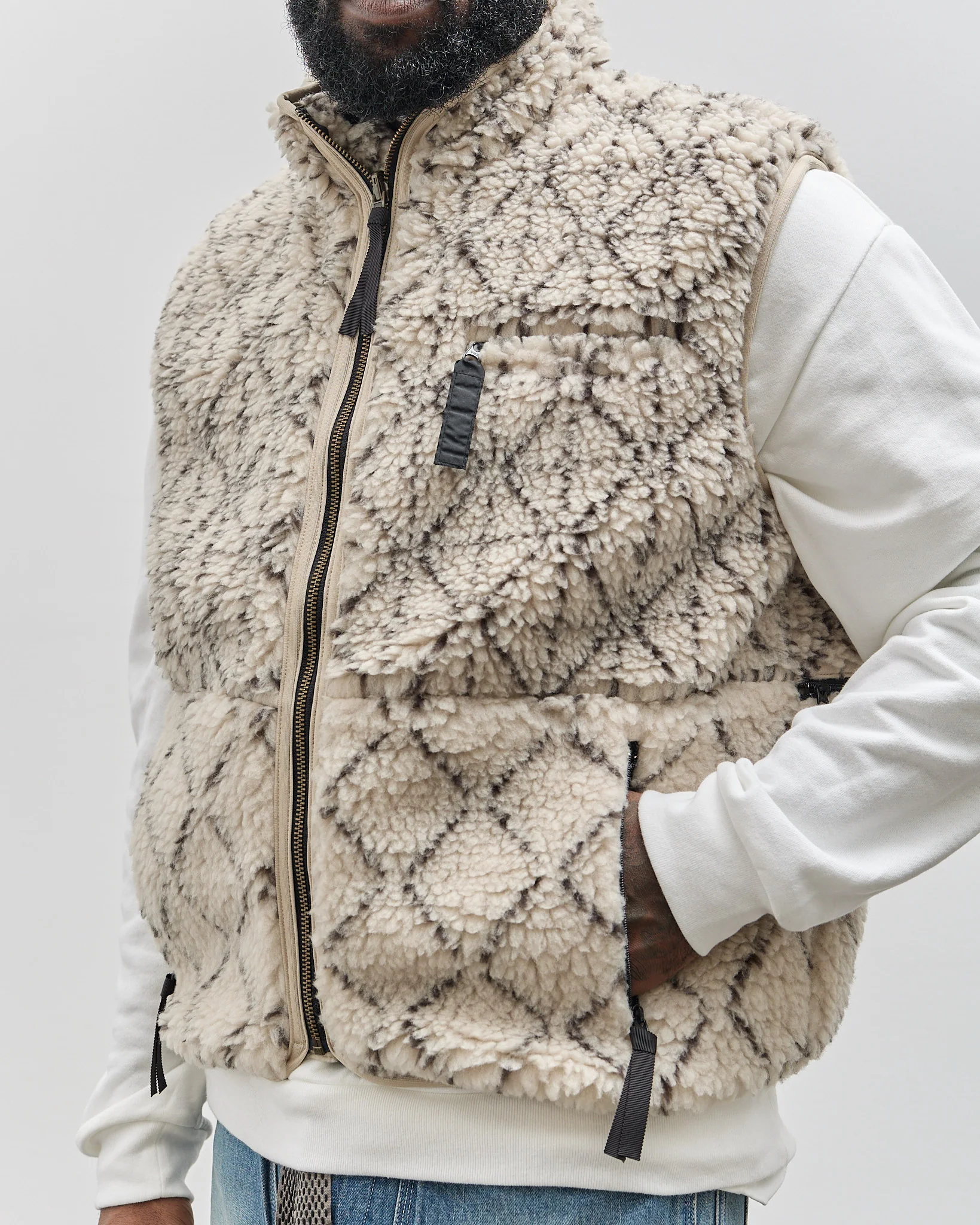 Kapital Do-Gi Sashiko Boa Fleece Reversible Vest, Ecru - Image 9