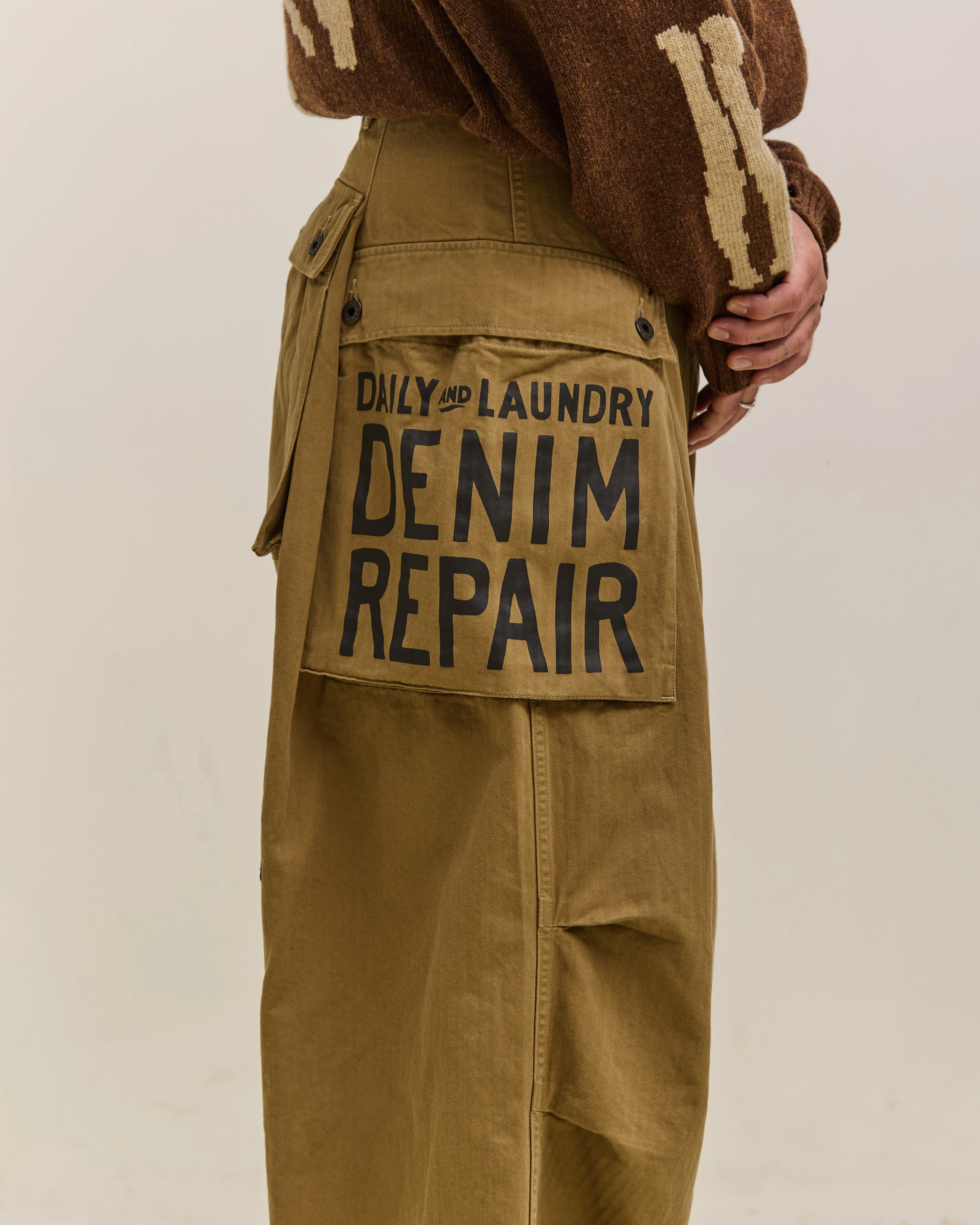 Kapital Herringbone Jumbo Monkey Pants, Factory Repaired & Embroidery Unisex, Camel - Image 10