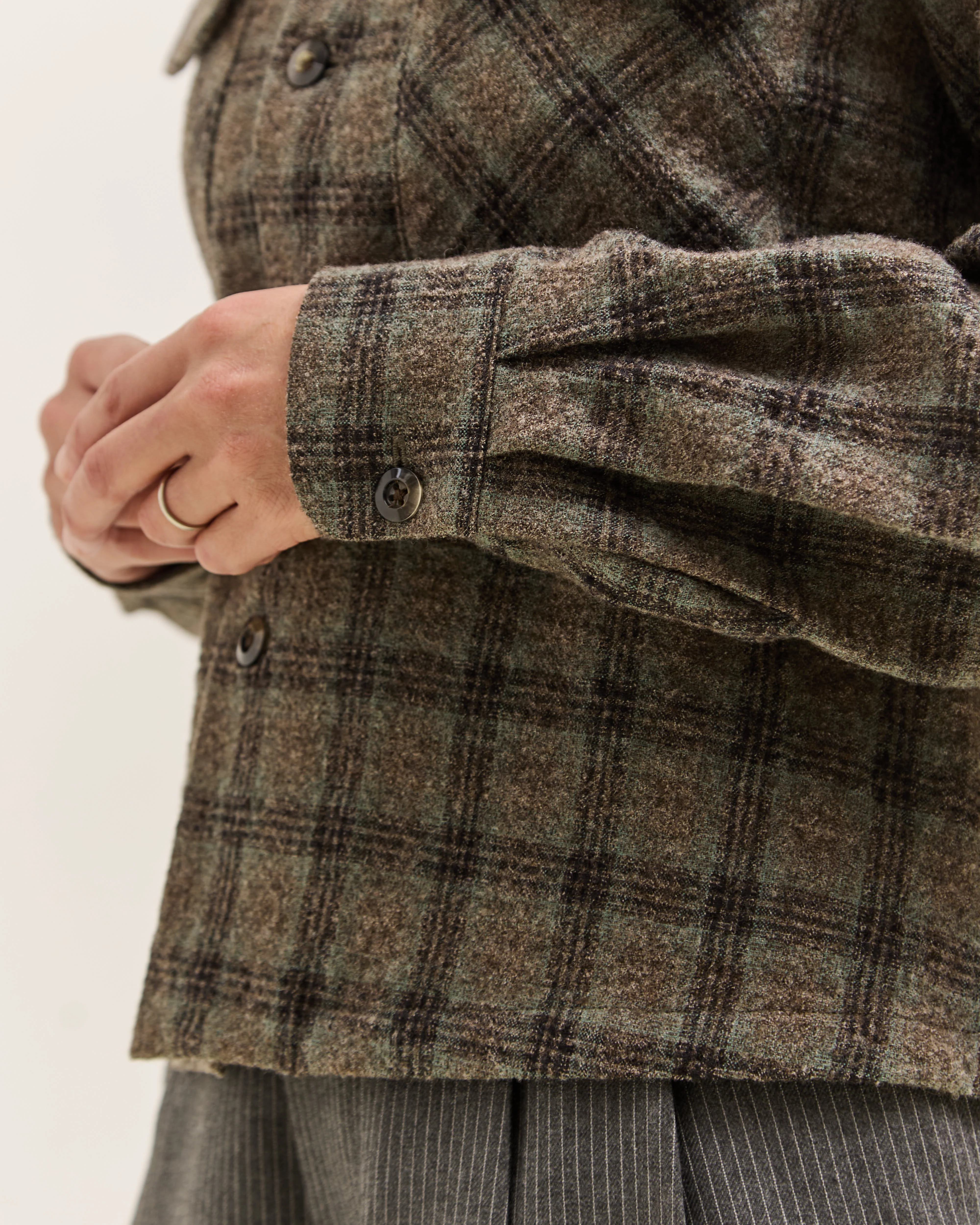 Kapital Wool Check Cropped Board Shirt, Green - Image 8
