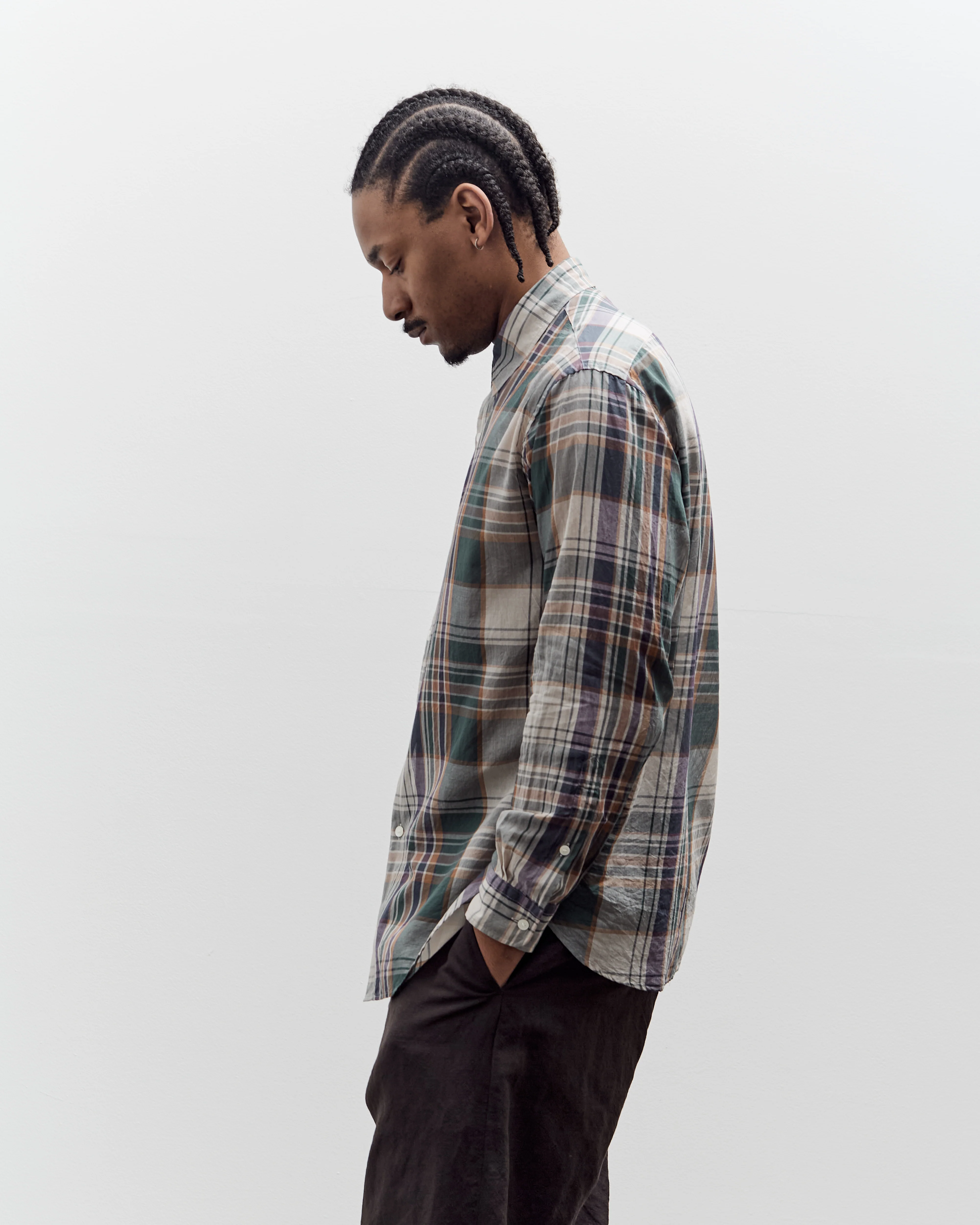 Kaptain Sunshine Gauze Plaid Plain Shirt, Forest Plaid - Image 4