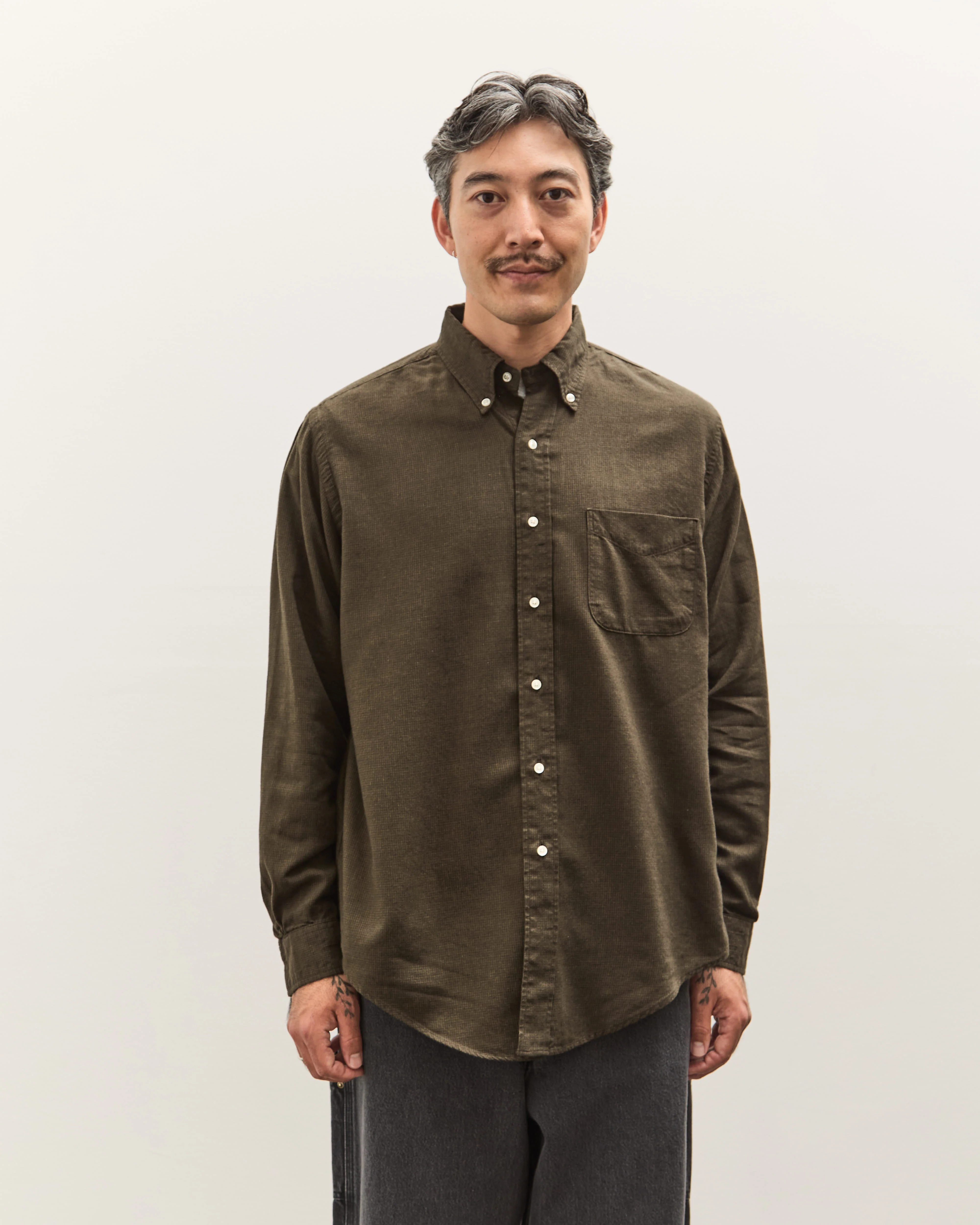 orSlow Standard Button Down Shirt, Coffee Brown Grid - Image 7