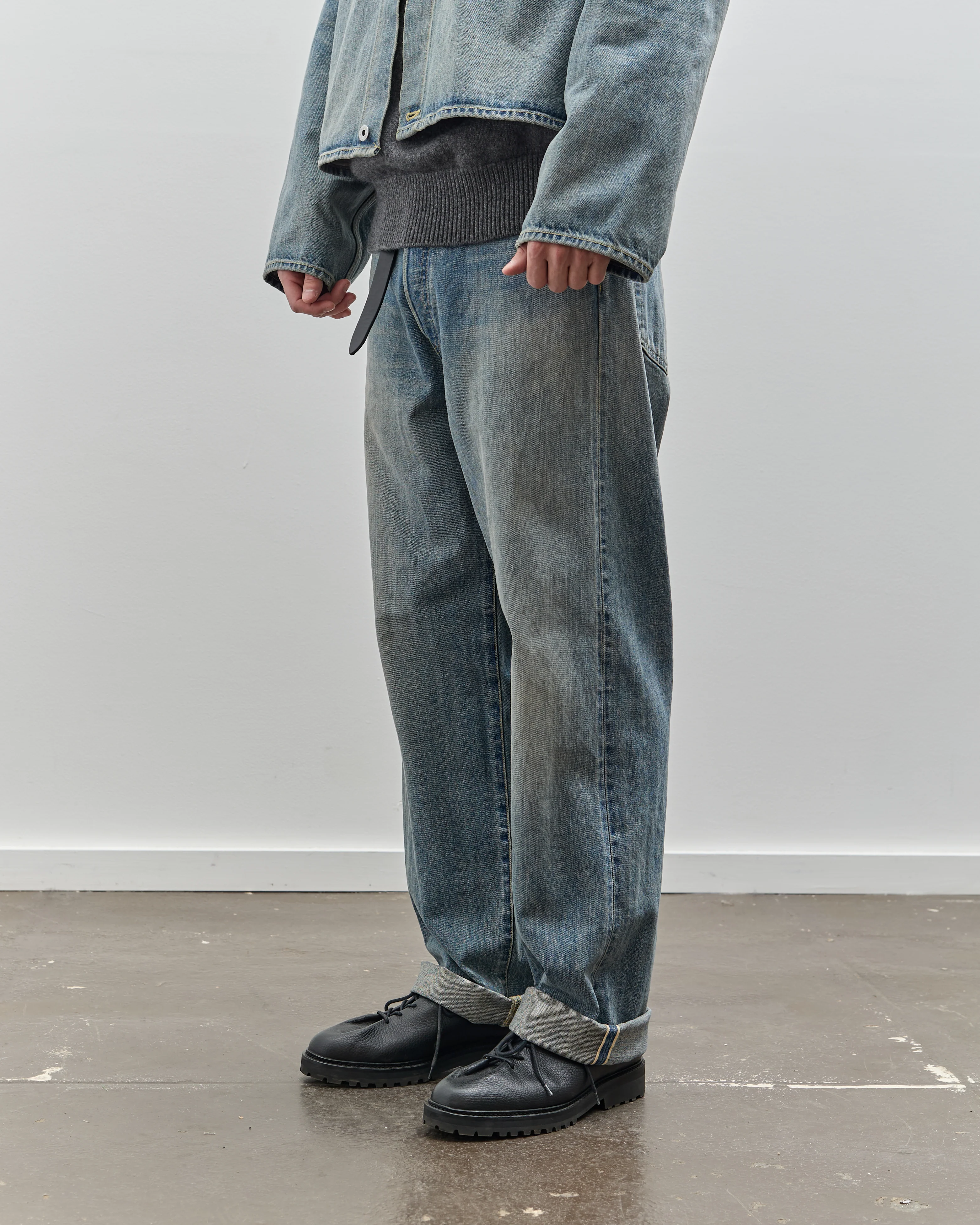 Yoko Sakamoto Unisex Denim Straight Pants, Used Fade Indigo - Image 4